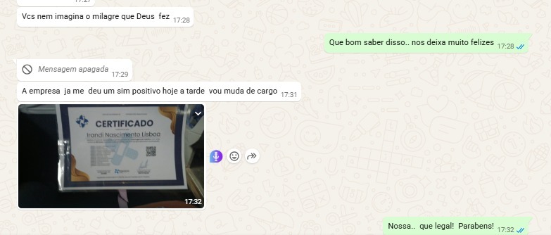 Print de depoimento real de aluno 3 no WhatsApp