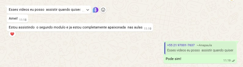 Print de depoimento real de aluno 5 no WhatsApp