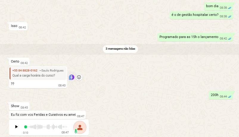 Print de depoimento real de aluno 4 no WhatsApp